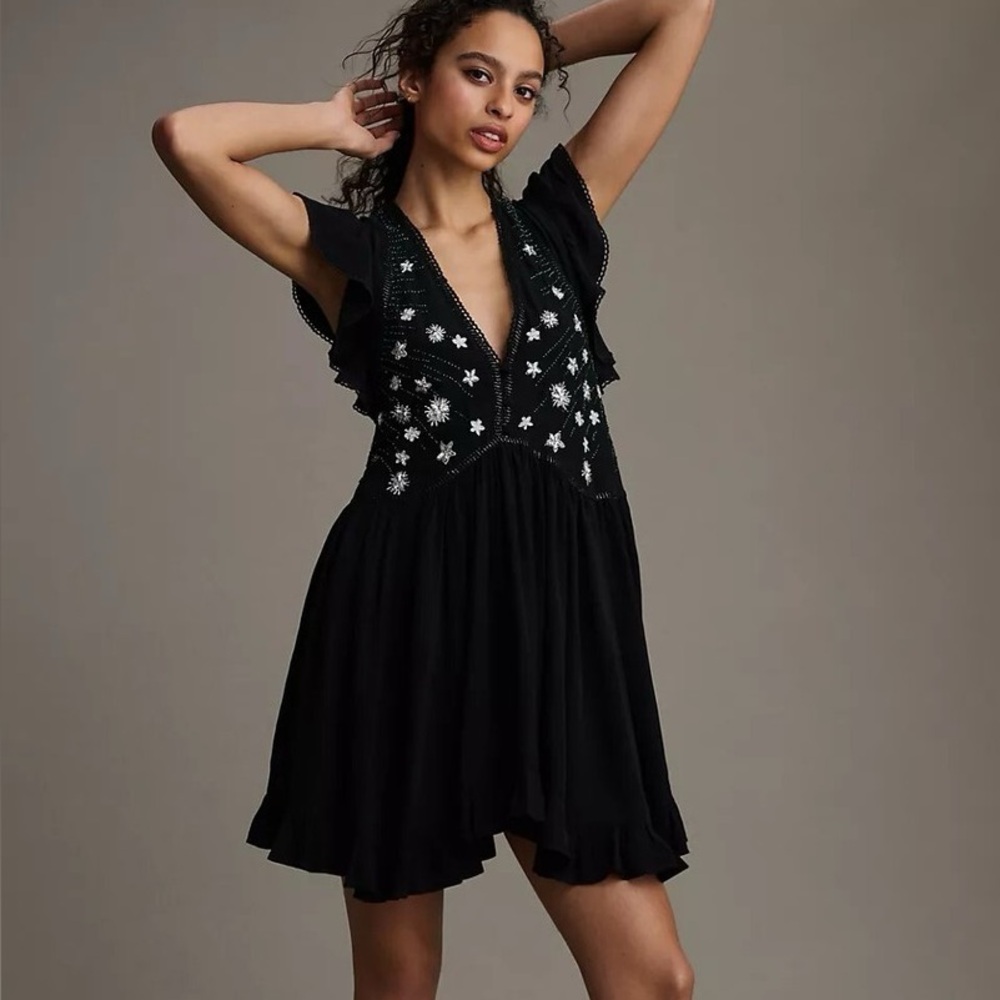 ANTHROPOLOGIE V-Neck Sequin Deco Swing Dress Women's Size S Babydoll Mini Pocket